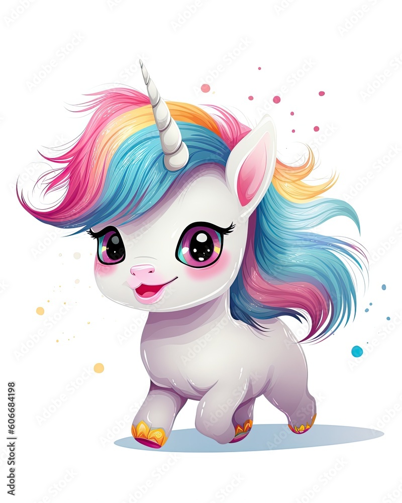 Happy unicorn cub running illustration. Cute baby unicorn for kids. Unicorn cub illustration with colorful hair and horn. Baby unicorn sleeping and sitting illustration with rainbows. AI generated.