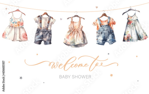 Cute baby shower watercolor invitation card for baby and kids new born celebration with baby clothes.generative ai