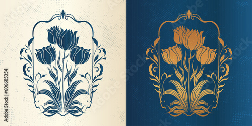 Frame with a tulip in the style of Art Nouveau. Beautiful vintage tulip floral composition 1920-1930 years.