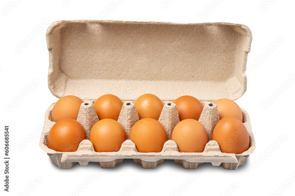 Tray of eggs isolated on a white background. Food.