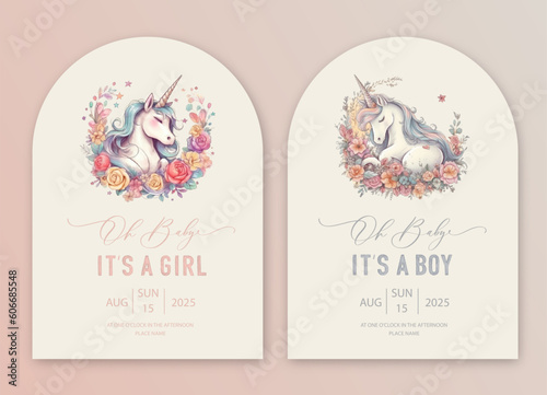 Cute baby shower watercolor invitation card for baby and kids new born celebration. Its a girl, Its a boy card with unicorn in flowers.generative ai