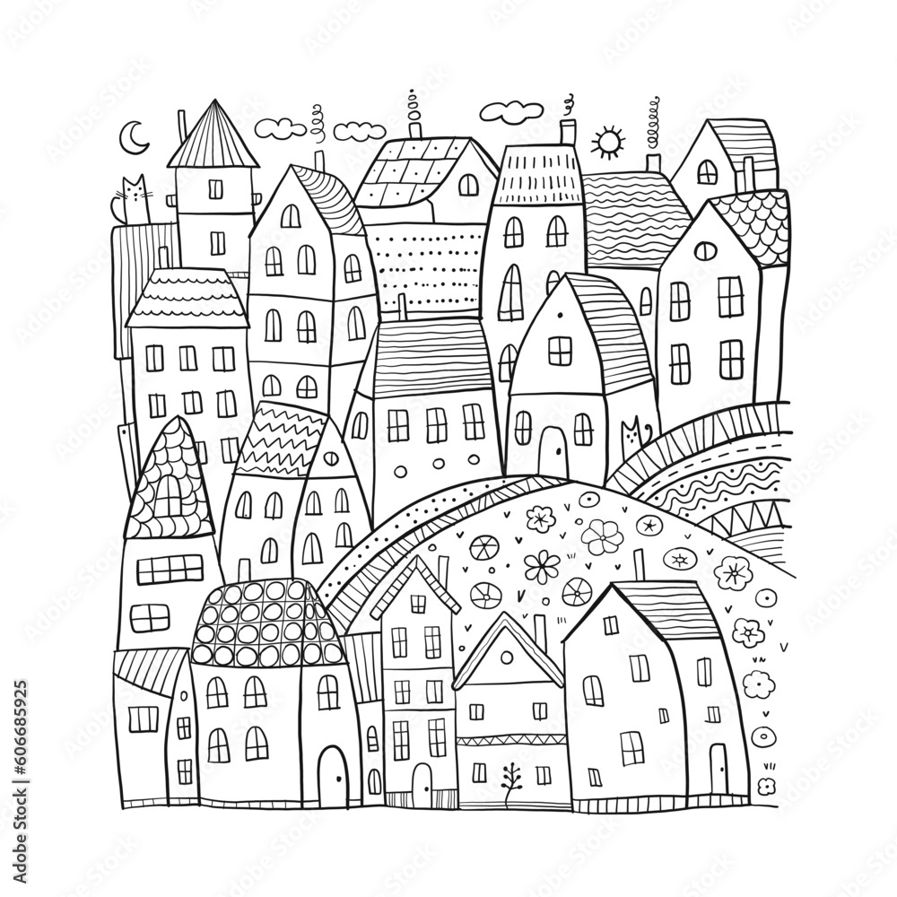 Childish town street landscape with houses on road. Cute city in scandinavian style. Cartoon village buildings vector background. Illustration of town childish street with buildings