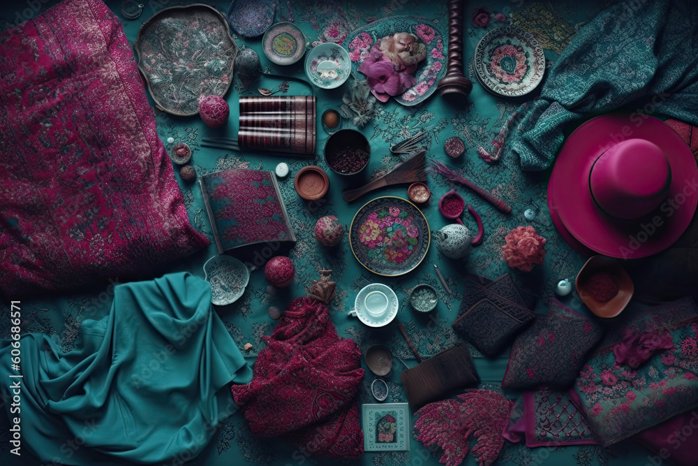 tea and accessories laid out on a green tablecloth, top view with copy space in the middle left corner. Generative Ai