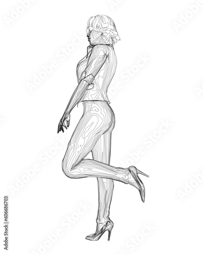 Fototapeta Naklejka Na Ścianę i Meble -  Contour of a girl standing on one leg, elegantly lifting her leg and raising her hand to her face. Curly hair. Vector illustration. Slim body, high heels, short hair, long legs. Young adult lady.