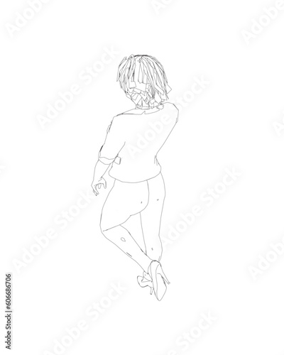 Contour of a girl standing on one leg, elegantly lifting her leg and raising her hand to her face. Curly hair. Vector illustration. Contour of young attractive slim women isolated on white background. © German Ovchinnikov