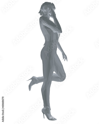 Polygonal girl standing on one leg, elegantly lifting her leg and raising her hand to her face. Curly hair. Vector illustration. Slim body, high heels, short hair, long legs. Young adult lady..