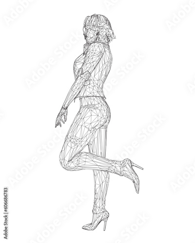 Wireframe of a girl standing on one leg  elegantly lifting her leg and raising her hand to her face. Curly hair. Vector illustration. Slim body  high heels  short hair  long legs. Young adult lady..