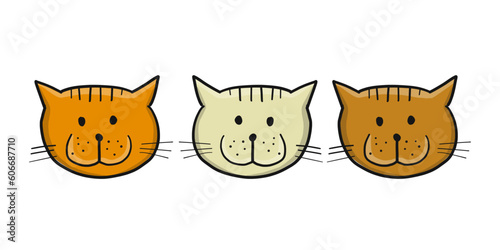 3 funny cat faces smile, isolated on white