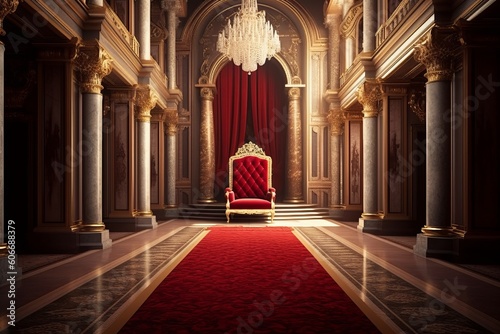 Regal Entrance: A Scarlet Pathway to Majestic Thrones within the Palace Fortress, Generative AI.