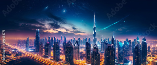 Fotografia, Obraz A panoramic view of the Dubai city skyline at night - Generative AI