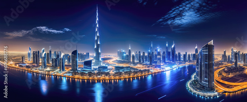 Fényképezés A panoramic view of the Dubai city skyline at night - Generative AI