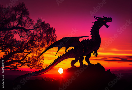 dragon with sunset Generative AI © HASAN