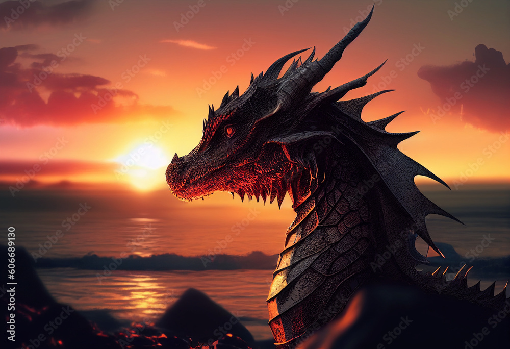 dragon with sunset Generative AI
