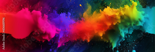 Colorful paint splashing on a black background.Generative AI © Slava