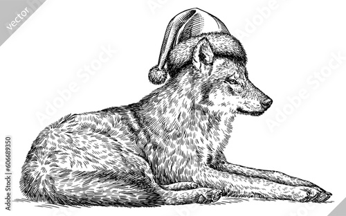 Vintage engraving isolated gray wolf set dressed christmas illustration ink santa costume sketch. Wild dog background animal silhouette new year hat art. Black and white hand drawn vector image.