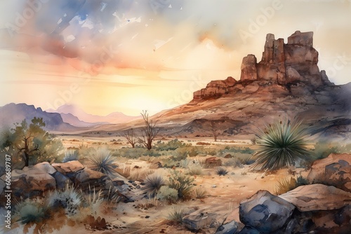 watercolor digital painting of a sunrise in the desert of a mystical planet, pastel colors with clouds and rocks, generative ai