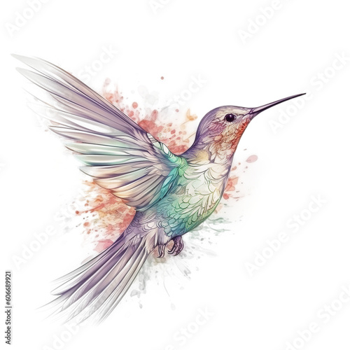 Watercolor hummingbird and flower Ai Generative