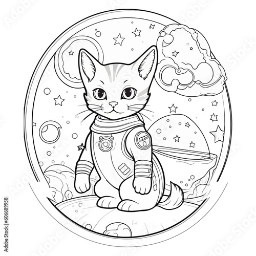 Vector illustration cat a astronaut  in space coloring book for kids and adults black and white isolated on white background.