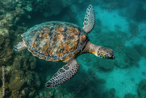 a green sea turtle swimming in the ocean with corals around it's neck and its head above water. Generative Ai photo