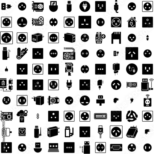 Collection Of 100 Adapter Icons Set Isolated Solid Silhouette Icons Including Electric, Device, Electricity, Technology, Adapter, Plug, Power Infographic Elements Vector Illustration Logo