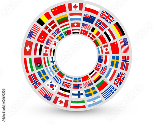 Business icon with international flags around  ring with flags on white  vector business concept symbol.