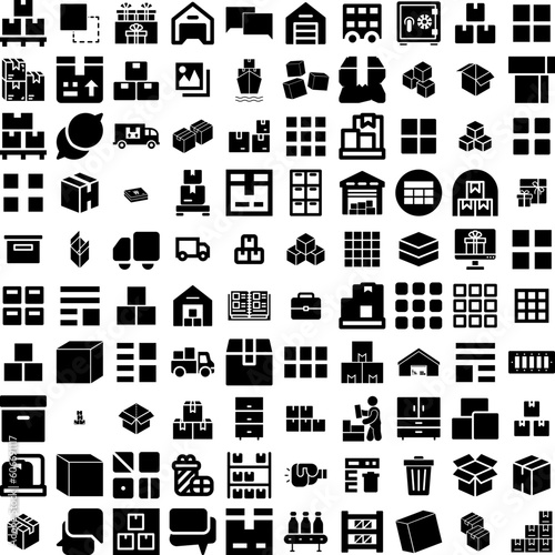 Collection Of 100 Boxes Icons Set Isolated Solid Silhouette Icons Including Box, Package, Vector, Open, Illustration, Isolated, 3D Infographic Elements Vector Illustration Logo