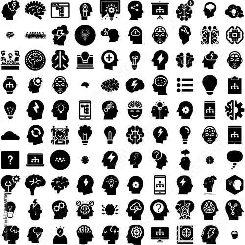 Collection Of 100 Brainstorm Icons Set Isolated Solid Silhouette Icons Including Brainstorming, Team, Creative, Business, Brainstorm, Strategy, Meeting Infographic Elements Vector Illustration Logo