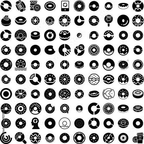 Collection Of 100 Donut Icons Set Isolated Solid Silhouette Icons Including Glazed, Food, Dessert, Sweet, Bakery, Cake, Donut Infographic Elements Vector Illustration Logo