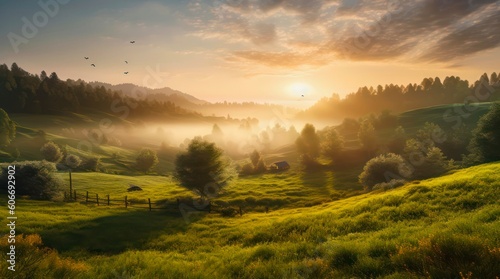 Peaceful landscape of a sunrise over the green mountains. Generative AI.