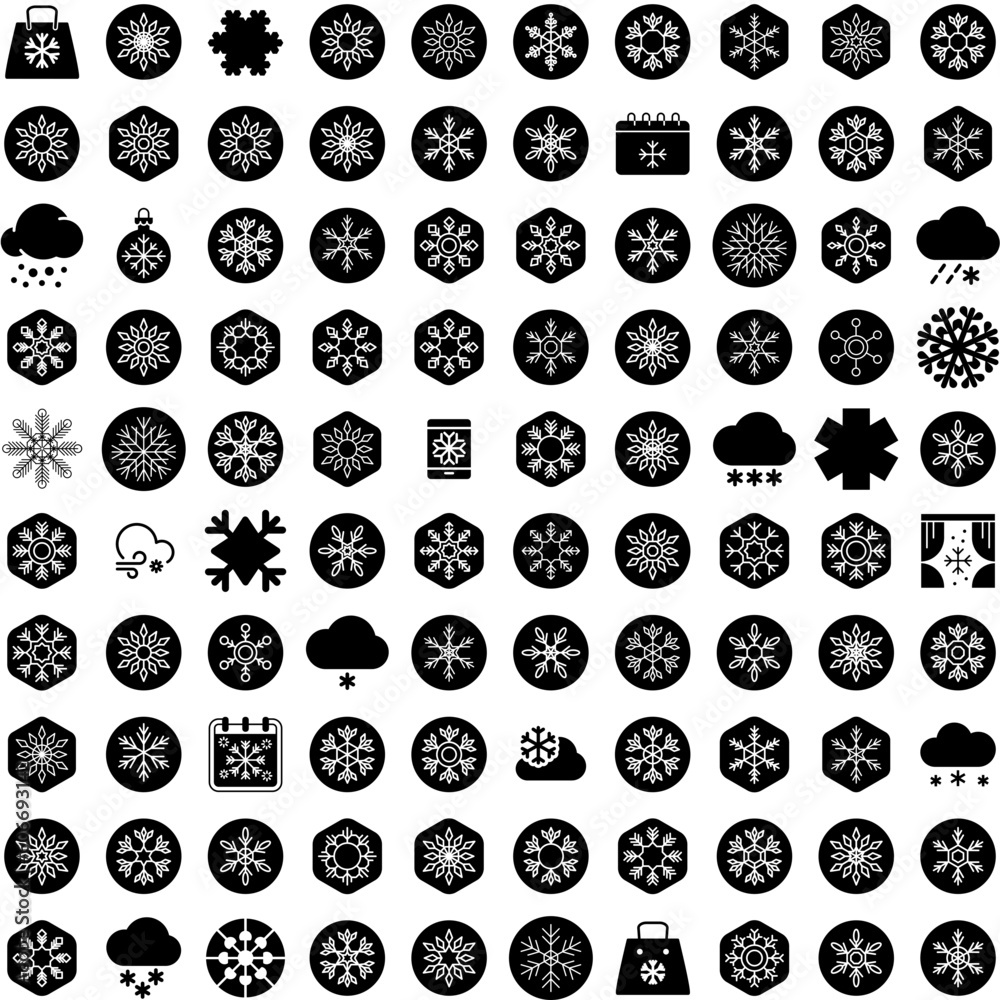 Collection Of 100 Flake Icons Set Isolated Solid Silhouette Icons Including Vector, Winter, Background, White, Snow, Isolated, Flake Infographic Elements Vector Illustration Logo