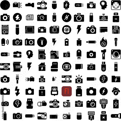 Collection Of 100 Flash Icons Set Isolated Solid Silhouette Icons Including Template, Vector, Price, Offer, Banner, Discount, Promotion Infographic Elements Vector Illustration Logo