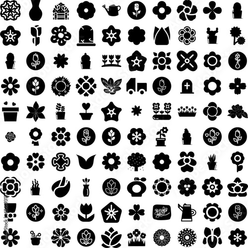 Collection Of 100 Flowers Icons Set Isolated Solid Silhouette Icons Including Spring, Illustration, Summer, Leaf, Plant, Floral, Flower Infographic Elements Vector Illustration Logo