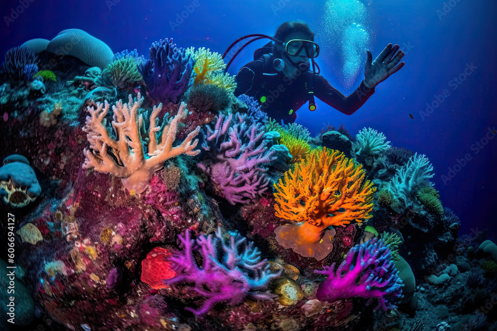 Obraz premium a person scubaing in the ocean with colorful corals and sea anemones on their reef, maldives islands. Generative Ai