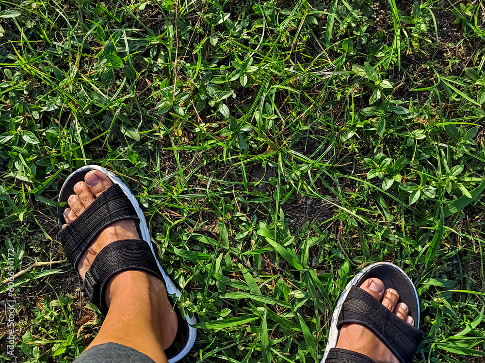 Obraz premium Close up view of man feet wearing black-white sandals on the green grass