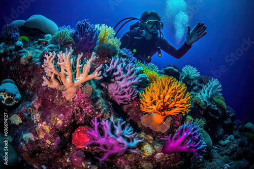 a person scubaing in the ocean with colorful corals and sea anemones on their reef, maldives islands. Generative Ai