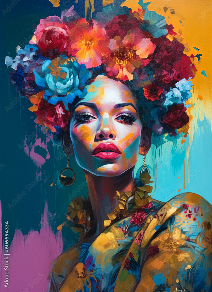 Φωτογραφία A colorful portrait of a beautiful young girl who has a face with modern, urban make-up and the whole face painted in vivid colorful paint