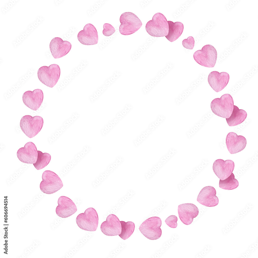 watercolor round frame with heart to Valentine day theme, hand draw illustrationof wreath, pink and lilac colour border on white background
