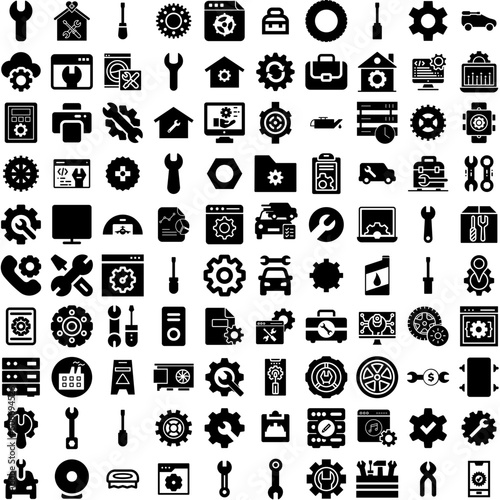 Collection Of 100 Maintenance Icons Set Isolated Solid Silhouette Icons Including Technology, Maintenance, Repair, Construction, Work, Support, Service Infographic Elements Vector Illustration Logo