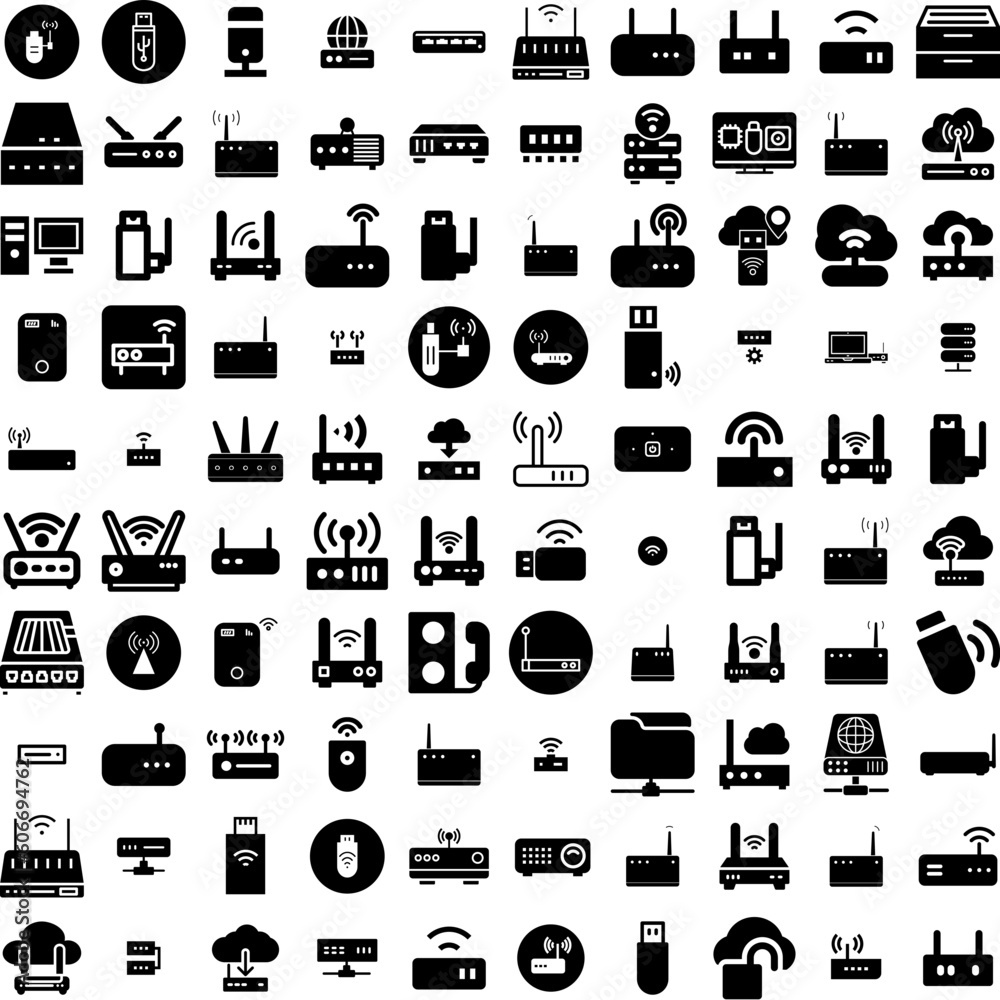Collection Of 100 Modem Icons Set Isolated Solid Silhouette Icons Including Internet, Router, Modem, Digital, Connection, Technology, Wireless Infographic Elements Vector Illustration Logo
