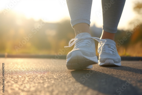Closeup feet of woman jogging in the morning with sunlight. Ai generated.