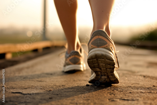Closeup feet of woman jogging in the morning with sunlight. Ai generated.