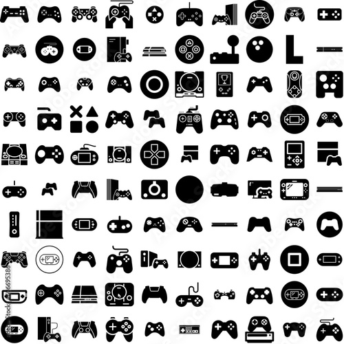 Collection Of 100 Playstation Icons Set Isolated Solid Silhouette Icons Including Black, Background, Isolated, White, Entertainment, Game, Joystick Infographic Elements Vector Illustration Logo