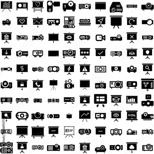 Collection Of 100 Projector Icons Set Isolated Solid Silhouette Icons Including Cinema, Presentation, Video, Movie, Film, Projector, Screen Infographic Elements Vector Illustration Logo