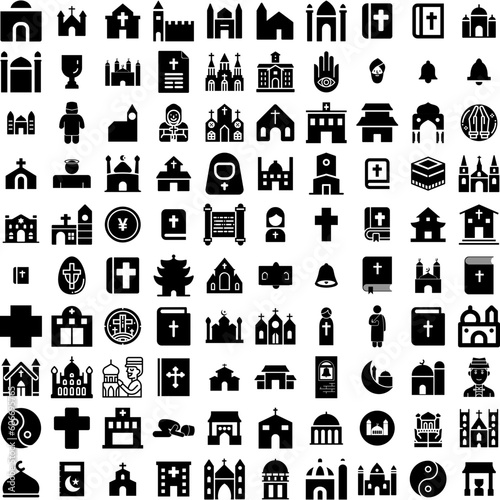 Collection Of 100 Religious Icons Set Isolated Solid Silhouette Icons Including Jesus, Cross, Religious, Church, Religion, Christian, God Infographic Elements Vector Illustration Logo