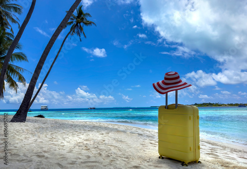 Yellow of the luggage with plam trees  on the beach- summer travel concept © SASITHORN