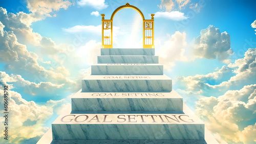 Goal setting as stairs to reach out to the heavenly gate for reward  success and happiness. Goal setting elevates and leads to the glorious end  Generative AI 3d illustration