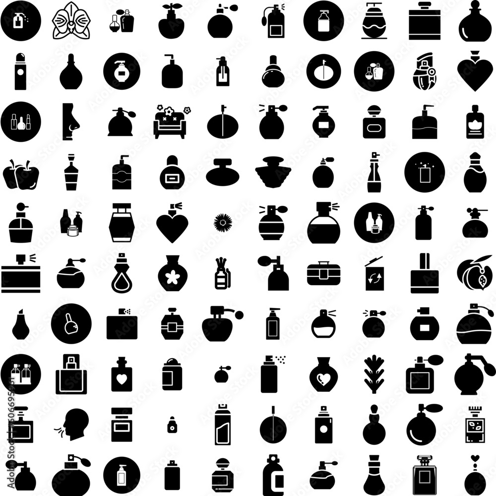 Collection Of 100 Scent Icons Set Isolated Solid Silhouette Icons Including Scented, Design, Smell, Scent, Fragrance, Background, Aroma Infographic Elements Vector Illustration Logo