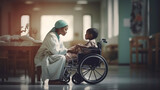 Generative A.I. african nurse taking care of a disabled child, child sitting in a wheelchair, healthcare theme, indoors, hospital, africa, prefessional occupation, patient