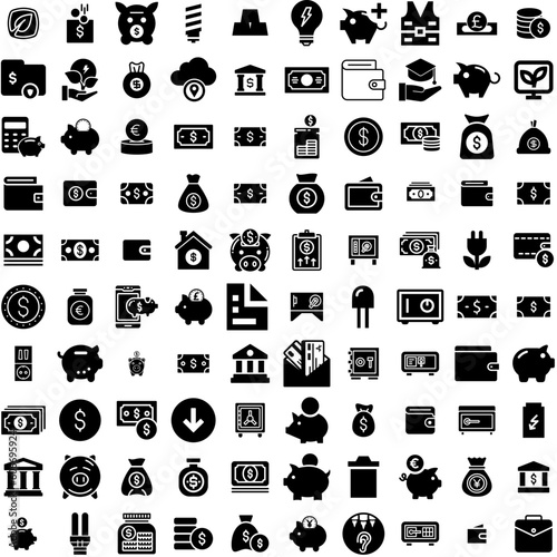 Collection Of 100 Saving Icons Set Isolated Solid Silhouette Icons Including Vector, Finance, Icon, Save, Money, Business, Illustration Infographic Elements Vector Illustration Logo