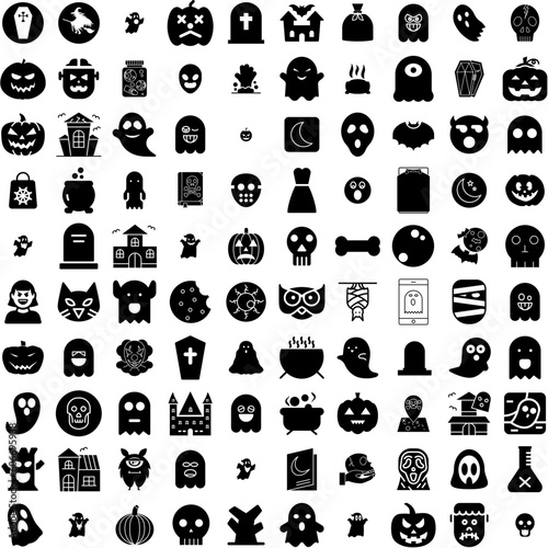 Collection Of 100 Scary Icons Set Isolated Solid Silhouette Icons Including Background, Dark, Halloween, Scary, Night, Horror, Spooky Infographic Elements Vector Illustration Logo